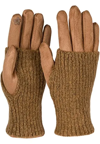 styleBREAKER Damen 3 in 1 Touchscreen Handschuhe mit abnehmbarer Strick Stulpe | Winterhandschuhe | 3 Tragevarianten | Weich warm elastisch in vielen Farben, Farbe:Camel