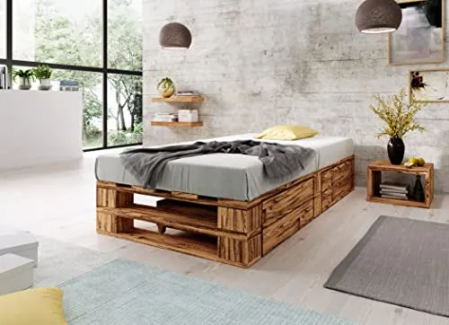 Lermowood Palettenbett M2 aus Holz 120 x 200 cm Geflammt mit Lattenrost und 2 Bettkästen Holzbett 30cm Stabiles Seniorenbett Kinderbett Jugendbett Gästebett erhöhtes Bettgestell Futonbett Komforthöhe