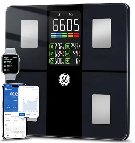 GE Körperfettwaage Digital mit Großem Display, Smart Waage mit Körperfett und Muskelmasse mit APP 14 Körpermaße BMI Bluetooth Personenwaage bis 180 kg / 400 lb