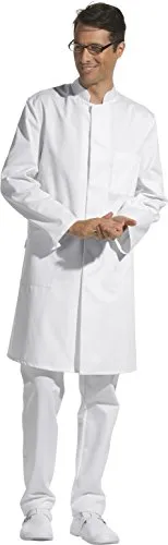 Leiber Herrenmantel Weiss Größe 46 - Pflegeleichter Visitenmantel - Stylischer Visitenmantel mit Stehkragen und verdeckter Druckknopfleiste. Ideal für den professionellen Einsatz, gefertigt aus 65% Polyester und 35% Baumwolle.