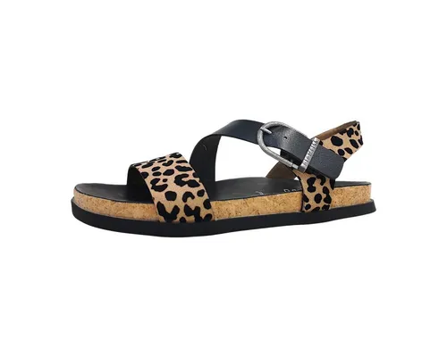 Blowfish Malibu Sandalen Lance in Schwarz/Leopard - Stylische Sandalen für den Sommer mit verstellbarem Riemen und weichem Fußbett. Die Korksohle bietet angenehmen Komfort und Dämpfung – perfekt für Freizeit und entspannte Tage.
