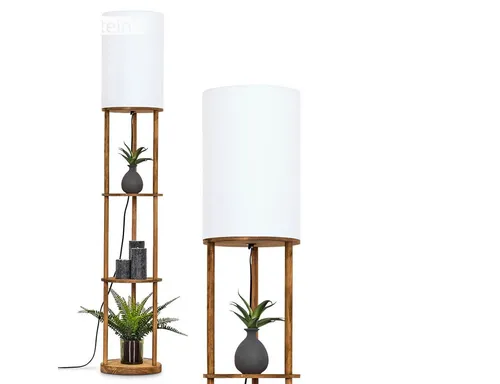 Hofstein Stehlampe aus Holz und Stoff in Naturfarben und Weiß, 150.5 cm - Moderne Stehlampe für den Innenbereich mit eleganten Ablageflächen und praktischem Fußschalter. Ideal für Wohnzimmer, Flur oder Schlafzimmer.
