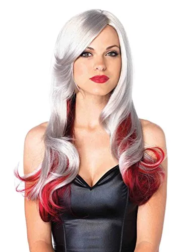Leg Avenue Kostüm-Perücke Lockenperücke grau-rot - Kostüm-Perücken im angesagten Ombré-Look: Lange silber-graue Kunsthaare mit roten Farbakzenten - der perfekte Hingucker für Karneval, Halloween & Partys!