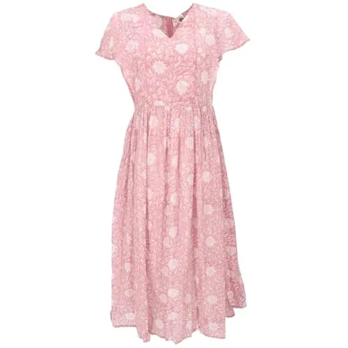 GURU SHOP Luftiges Boho Sommerkleid, Handbedrucktes Maxikleid, Baumwollkleid - Rosa, Damen, Baumwolle, Size:M