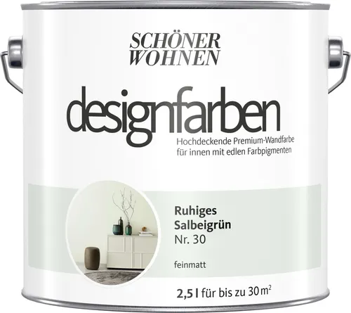 Schöner Wohnen Wandfarbe Designfarbe Grün - Ruhiges Salbeigrün 2,5L - Farben für den Innenbereich, ideal für alle Zimmer. Die matt glänzende Salbeigrünfarbe ist UV-beständig, überstreichbar nach 6h und deckt bis zu 30 m².