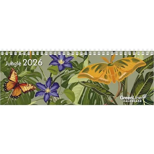 GreenLine Jungle 2026 – Tischkalender mit Blumendesign – 29,7 x 10,5 cm – Spiralbindung – mit viel Platz für Einträge