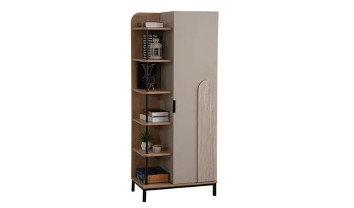 Exklusives Beiges Bücherregal mit Türen - Modernes Bücherregal für Erwachsene mit 6 Regalfächern, aus hochwertigem Holz und Metall, freistehend, ideal für stilvolle Aufbewahrung im Schlafzimmer.