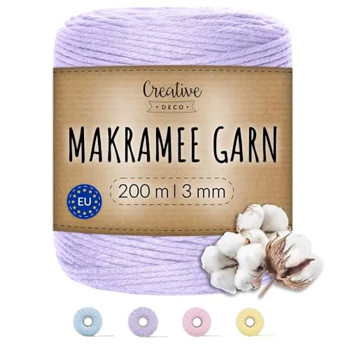 Creative Deco 200m Pastel Lila Makramee Garn Baumwoll Polyester | 656 Fuß | 2-3 mm Dicke | Baumwollkordel Baumwollschnur Baumwollgarn Kordel Baumwolle Cord Große Seil Rolle Starke | für Basteln DIY