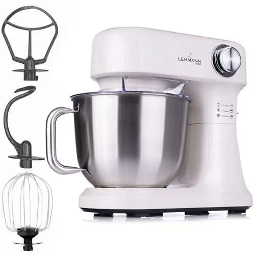 LEHMANN Küchenmaschine 1500 W, Knetmaschine mit 12 Geschwindigkeiten, 5 L Rührschüssel und Spritzschutz, Rutschfest, Teigmaschine mit 3 Zubehör-Set