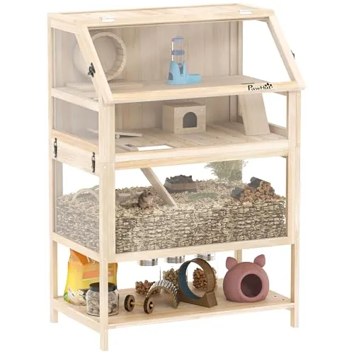 PawHut Hamsterkäfig aus Holz mit 3 Etagen 80 x 53 x 117 cm - Kleintierkäfig mit durchdachtem Design: Drei Etagen und Holzrampen fördern das natürliche Klettern. Inklusive Wippe, Laufrad und Hütte für aktiven Spielspaß. Große Fronttür für einfachen Zugriff und Reinigung.