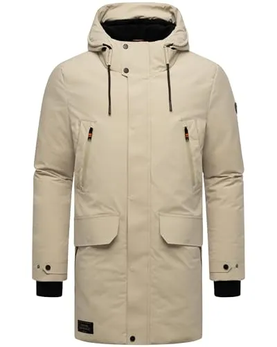 STONE HARBOUR Herren warmer Wintermantel lang Winterparka mit Fleece-Innenfutter, zahlreichen Taschen innen und außen und großer Kapuze Kitraan XX Sand Gr. L
