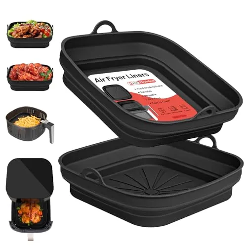 Alyvisun Silikonform für Heißluftfritteuse 2Stück Quadratisch Silikon Airfryer Form, Wiederverwendbar Silikoneinsatz Zubehör für Air Fryer, Mikrowelle, Ofen (Schwarz), Silicone