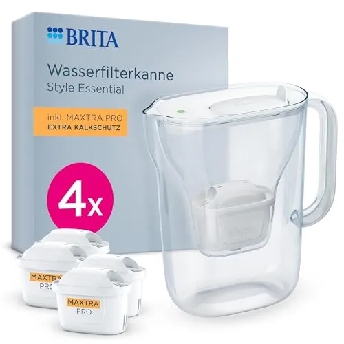 BRITA Wasserfilter Kanne Style Essential weiß (2,4l) inkl. 4x BRITA MAXTRA PRO Extra Kalkschutz – Kühlschrankgeeignete Filterkanne mit Smart Light LED & Klapp-Deckel, filtert Verunreinigungen & mehr