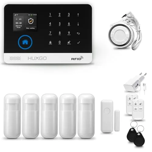 HUXGO® HXA003 Alarmanlage Haus WiFi + GSM mit Sirene | Tuya Smartlife App | Alarm System mit Drahtloser Fenstersensor, 5X Bewegungsmelder | Alarmanlage für Wohnung, Garage