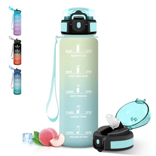 Grsta Trinkflasche 1l, Wasserflasche Auslaufsichere, Trinkflasche Sport mit Sichere Verriegelung, Mit Zeitmarkierung und Schnürung, Flasche mit Strohhalm für Job, Uni, Fitnessstudio