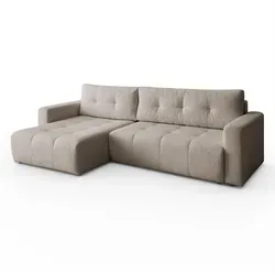Gepolstertes Ecksofa ASTON mit Schlaffunktion - Hellbraun - Sofas: Elegantes Ecksofa ASTON mit Schlaffunktion und Stauraum für Bettwäsche, ideal für moderne Wohnzimmer und entspannende Nächte.