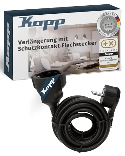 Kopp 143705086 Strom Verlängerungskabel Schwarz 5.00m - Verlängerungskabel mit extraflachem Stecker für optimale Raumnutzung, ideal für schwer zugängliche Steckdosen.