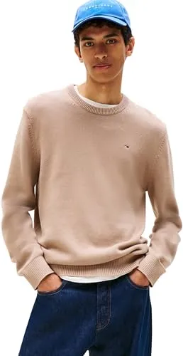 Tommy Jeans Herren Pullover Slim Fit - Beige (Pecan Nut), L - Zeitloser Herren-Pullover aus 100% Bio-Baumwolle, ideal für Büro und Freizeit. Der elegante Rundhalsausschnitt sorgt für optimalen Tragekomfort und vielseitige Kombinationsmöglichkeiten.