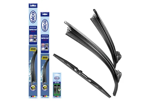 alca® Scheibenwischer Set für FORD KA (11.2010-05.2016) - SUPER FLAT - Ersatzwischblätter für FORD KA mit perfekter Wischleistung. Das Set beinhaltet 2 Scheibenwischer und 1 Heckwischer, ausgestattet mit NANO-Graphit-Technologie für leises, streifenfreies Wischen.