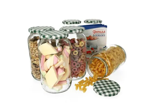 MamboCat Einmachglas 6er Set Rundglas 1062 ml To 82 grün karierter Deckel incl. Rezeptheft, Glas