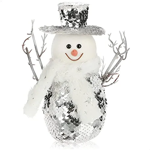 com-four® Schneemann Figur Größe M, Weihnachtsdeko mit Wendepailletten, optimal als Tischdeko zur Adventszeit, schöne Dekofigur für Innen (silberfarben-weiß - M)