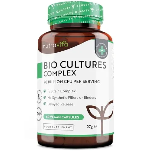 Bio Cultures Komplex – 40 Mrd KbE pro Tagesdosis mit 15 Bakterienstämmen – Hochdosiert Vegane Probiotikum Kapseln mit hoher Wirksamkeit und intensivem Wirkstoffgehalt – Hergestellt von Nutravita