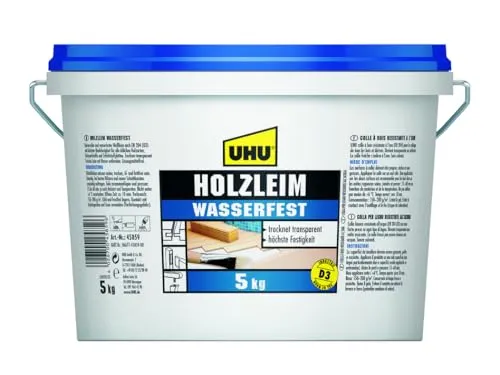 UHU Holzleim WASSERFEST 5kg - Wasserfester Weißleim (EN 204 D3) mit hoher Bindefestigkeit, ideal für Innen- und Außenanwendungen auf allen Holzarten. Trocknet transparent und ist lösungsmittelfrei.