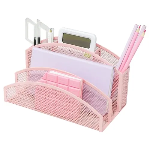 EXERZ Schreibtisch-Organizer aus Mesh – 3-stufiger Briefhalter mit 4 Fächern – Rosa – Metall-Aktenablage für Büro, Zuhause, Schule