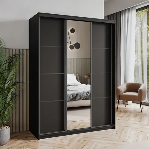 Masseno Schiebetürenschrank VARO 150 cm - Modern und Funktional - Schiebetürenschrank mit 4 Schubladen und großem Spiegel. Ideal für optimale Raumnutzung und stilvolle Ordnung im Schlafzimmer.