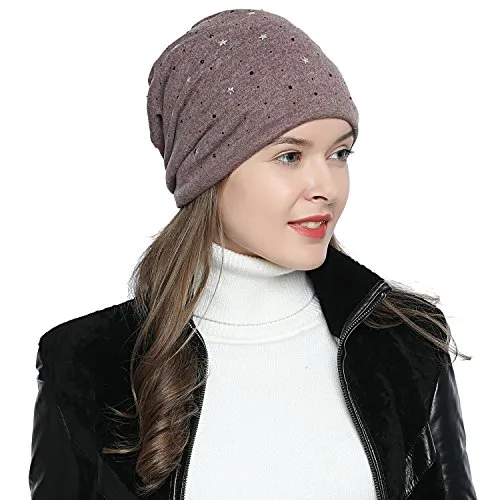 DonDon Mütze Damen Wintermütze Slouch Beanie gefüttert mit schwarzem Strass braun