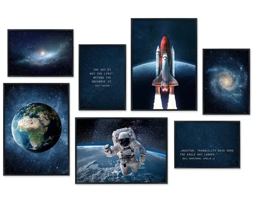 Hyggelig Home Poster Weltraum, Premium Poster Set OHNE & MIT Rahmen, 7 Wandbilder Astronaut, Weltall (Set, 7 St), Collage Rakete, Qualitätsdruck auf dickem Papier