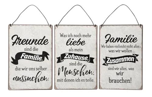 levandeo 3er Set Blechschilder H15cm Freunde Familie Sprüche Zuhause Wandbild Wanddeko Deko Schilder Shabby Chic Geschenk