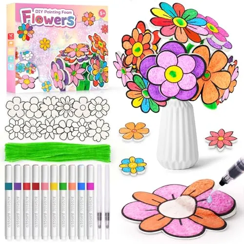 Produktbild Bastelset Kinder ab 6 Jahre Blumen Malset, Geschenke für Mädchen 7 8 9 10 11 Jahren, DIY 3D Blume Basteln Malen Set für Kinder Kreatives Spielzeug Geburtstagsgeschenk Mädchen 5-12 Jahre