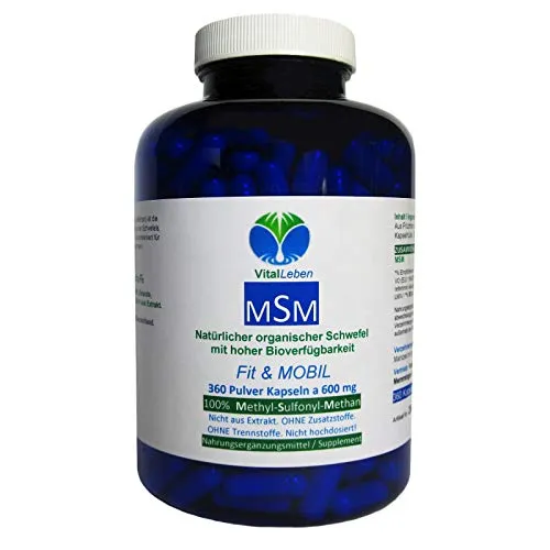Fit & MOBIL - MSM - Natürlicher organischer SCHWEFEL - 360 Pulver Kapseln - HOCHWIRKSAM (Methyl-Sulfonyl-Methan) - OHNE Füllstoffe - OHNE ZUSATZSTOFFE. 26905-360