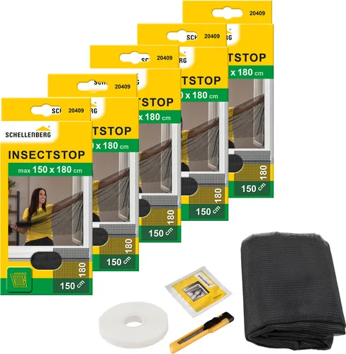 Schellenberg Fliegengitter-Gewebe für Fenster - Insektenschutz ohne Bohren (Set, 5-St) - Praktisches Fliegengitter für Fenster, inkl. Befestigungsband, einfach zu montieren ohne Bohren. UV-stabilisiert, waschbar und ideal für Mietwohnungen.