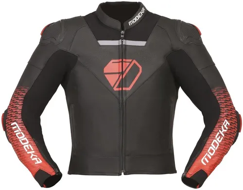 Modeka Yron Lederjacke - Schwarz/Rot - 46 - Sportliche Motorradjacke mit Klasse AAA Zertifizierung, bietet hohen Komfort durch Perforationen und Stretch-Anteile, ausgestattet mit SAS-TEC® Protektoren für optimalen Schutz.