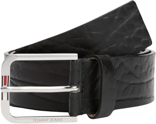 Tommy Jeans Fester Gürtel für Herren, Schwarz, 90 cm - Hochwertiger Echtleder-Gürtel mit quadratischer Metallschnalle. Ideal für lässige und elegante Looks, perfekt für jeden Anlass.