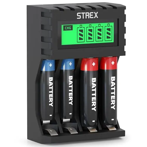 Strex Akku Ladegerät - AA/AAA Batterien - USB Wiederaufladbar - LCD Display - Universal Ladegerät für Wiederaufladbare Batterien