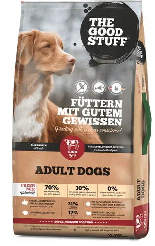 The GOODSTUFF Rind (Adult) 12,5 kg - Getreidefreies Hundetrockenfutter mit frischem Rindfleisch - Hundefutter für ausgewachsene Hunde, getreidefrei und hochverdaulich. Enthält 70% Rindfleisch für besten Geschmack und Verträglichkeit, unterstützt ein gesundes Fell und starkes Immunsystem.