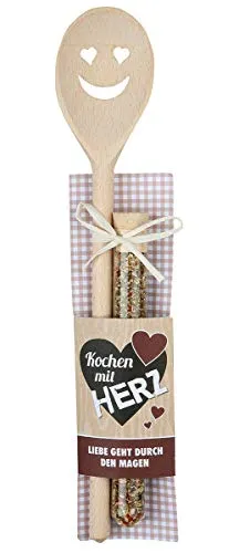 Hochwertiger Holz Kochlöffel Höhe 30 cm mit Gesicht und Gewürzmischung 15 Gramm sowie Rezeptidee in Geschenkform