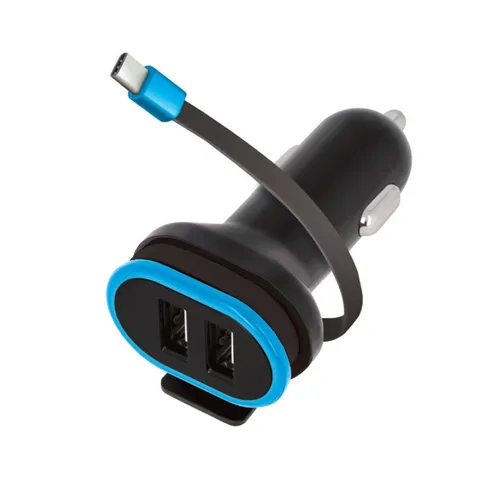 Forever KFZ Adapter 3-fach Ladegerät 2xUSB-Ports mit USB-Ladekabel Typ-C Smartphone-Ladegerät