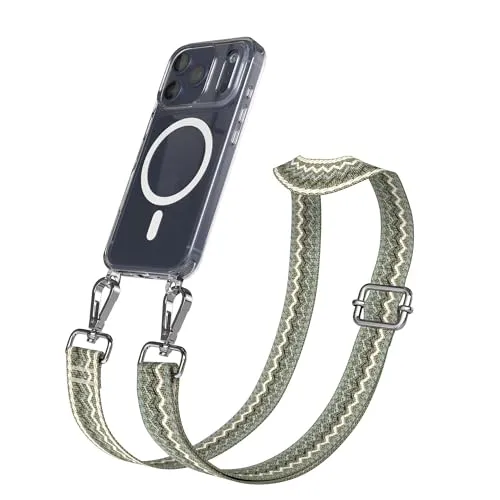 EAZY CASE Handykette - Verstellbares Taschenband kompatibel mit iPhone 17 Pro, Schulterriemen, Handykordel mit Silikon Hülle, Qi Charging kompatibel, Umhängetasche, Grün Beige Silber
