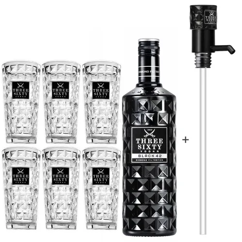 Three Sixty Black 42 Vodka 3L (42% Vol) + Pumpe + 6x Longdrink Gläser eckig