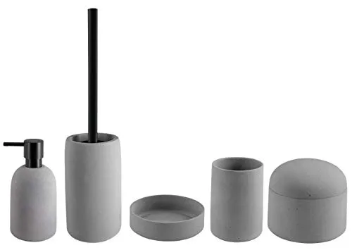 Spirella Badezimmer Set 5-teilig Gemma - Grau - Badausstattung Set aus feuchtigkeitsbeständigem Steinzeug mit nachfüllbarem Seifenspender, widerstandsfähiger WC-Garnitur und elegantem Design für jedes Badezimmer.