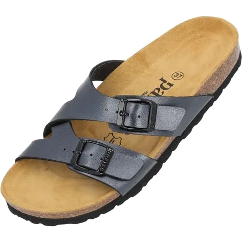 Palado Pantoletten Damen Arrila - bequeme Sandalen Made in Spain - Hausschuhe mit Kork-Fußbett - modische Sommerschuhe Schwarz Metallic UK7 - EU40