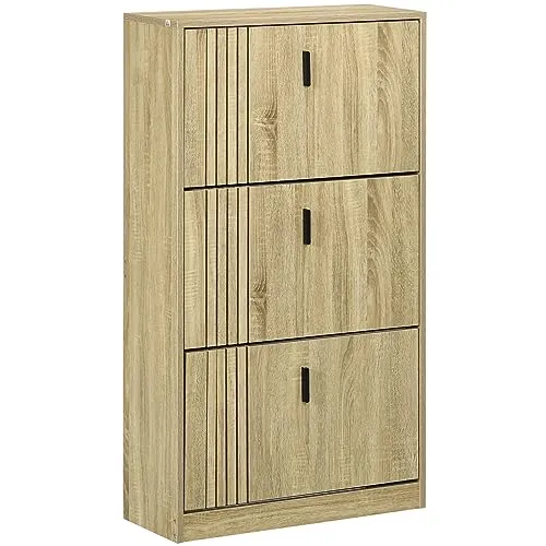HOMCOM Schuhschrank mit 3 Klappen, 18 Paar Schuhschrank, 3 Fächer, großes Fassungsvermögen, für Eingang, Flur, Wohnzimmer, 63 x 24 x 117 cm, Eiche