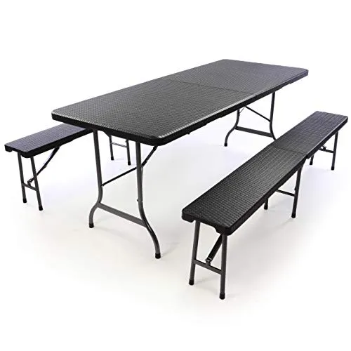 Nexos Gartengarnitur 1 Partytisch 2 Bänke klappbar Rattan-Optik Bierzeltgarnitur schwarz Set Festzelt Campingset Klapptisch robust Wetterfest