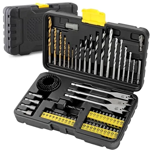 Hi-Spec Holzbohrer Set mit Steinbohrer Set, Bit Set und Lochsägen | 63-tlg. Spiralbohrer, Holzbohrer, Mauerwerksbohrer, Flachbohrer, Lochsägen, Bits, magnetischer Halter, für Profi-Ergebnisse