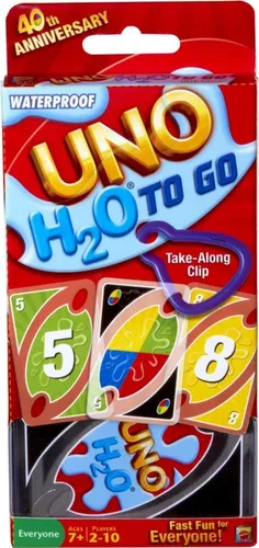Mattel Games UNO H2O To Go - Wasserfestes UNO Kartenspiel mit Karabinerhaken, ideal für Strand und Familie, 112 Karten inklusive FLIP-Mechanik