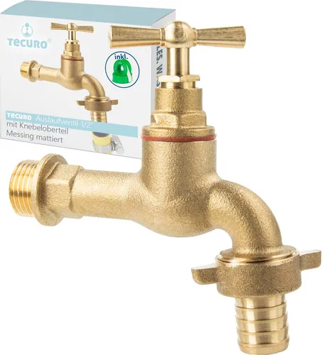 tecuro Auslaufventil 1/2 Zoll, Knebeloberteil, Schlauchtülle, Dichtband - Messing mattiert